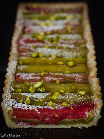 recette de tarte à la rhubarbe, crème de pistache au kirsch