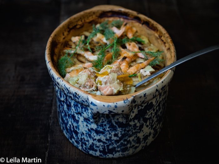 Baeckeoffe de poisson et gambas, sauce crémeuse au safran d'Alsace