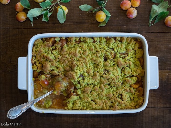 recette de crumble de mirabelles aux pistaches